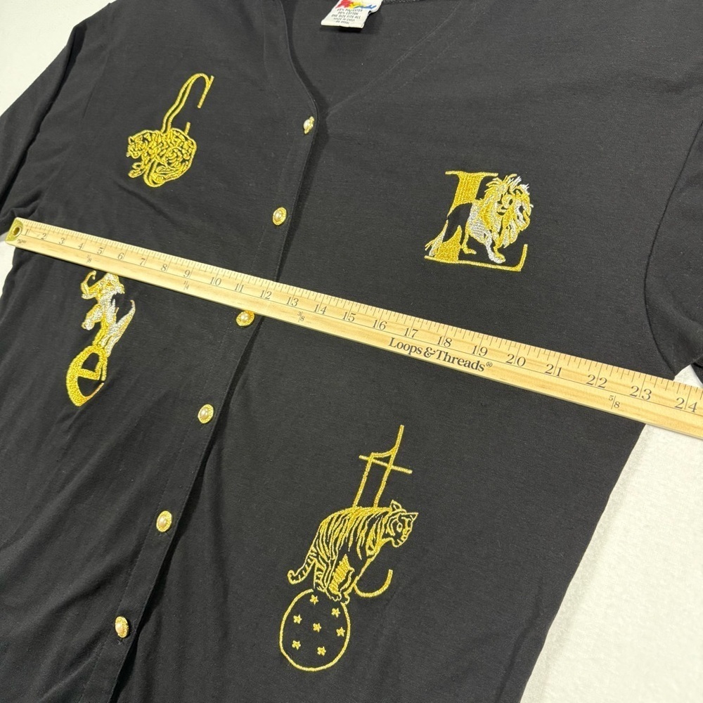 Vintage Black Cardigan silver Gold Embroidered zoo Animals gold‎ pearl buttons - Picture 8 of 12